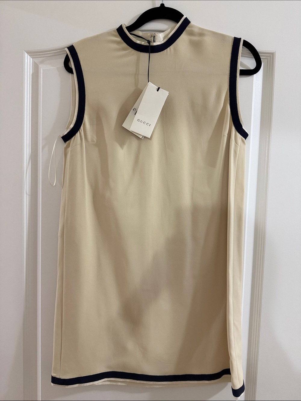 Gucci Cream Sleeveless Shift Dress with Navy Trim
